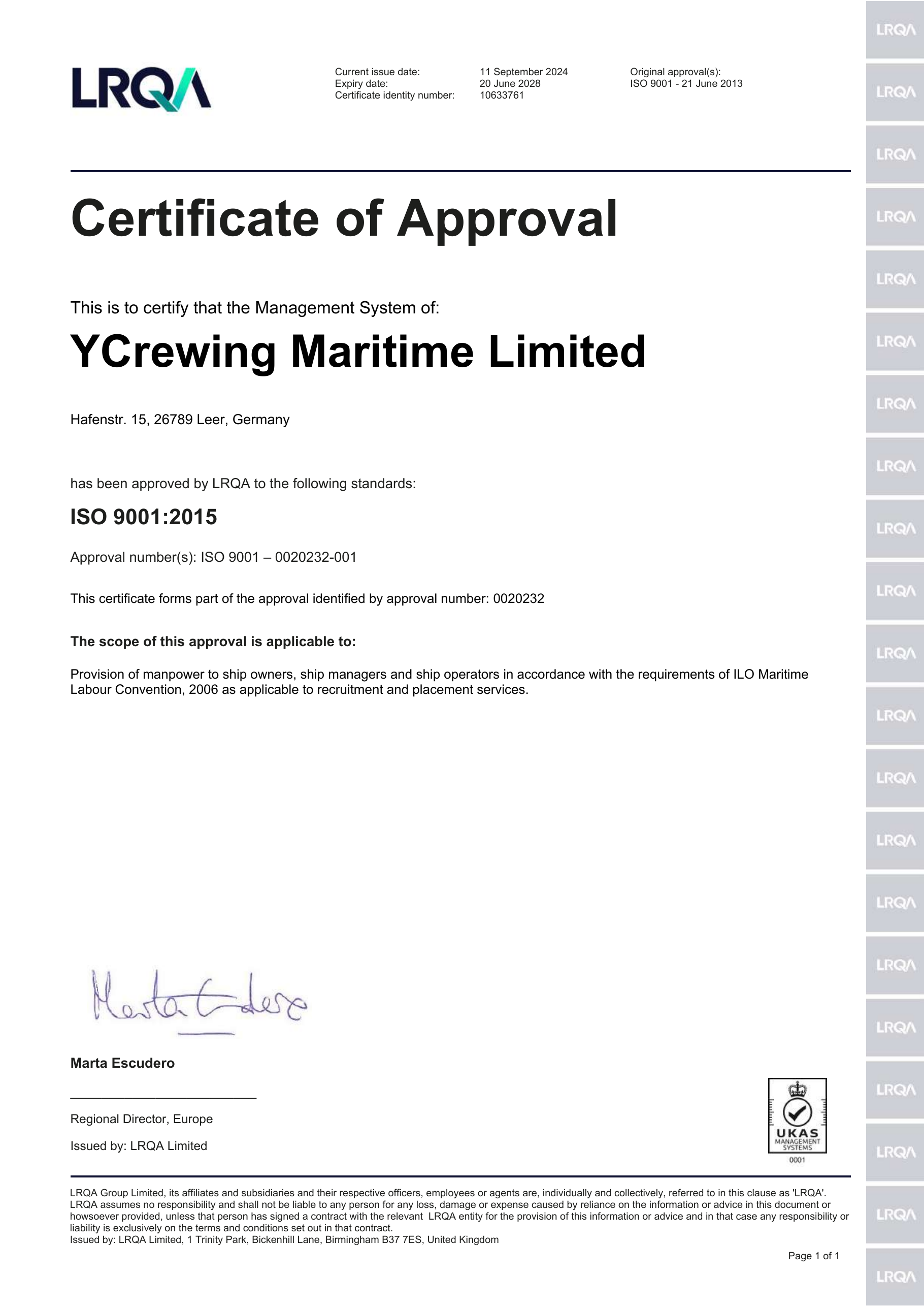 LRQA ISO 9001 certificate preview